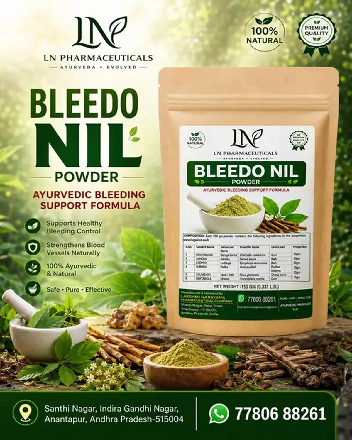 Bleedo Nil 150 g powder LN Pharmaceuticals product packaging reference